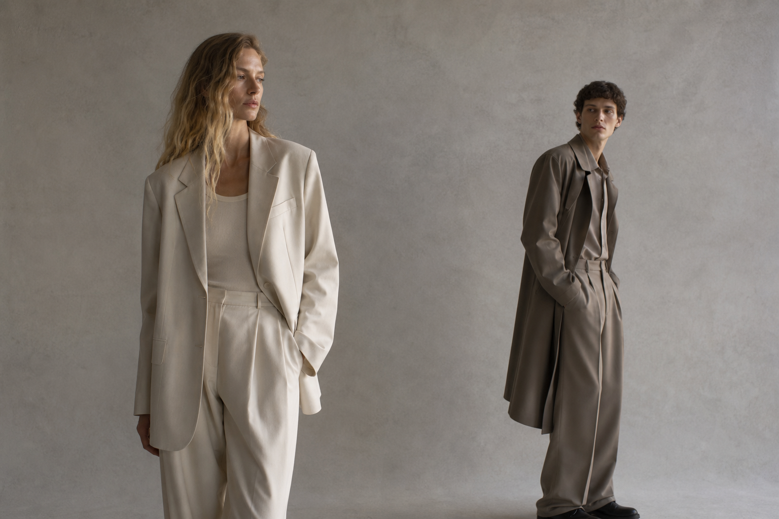 Two models in neutral tailoring against a stone-grey studio backdrop