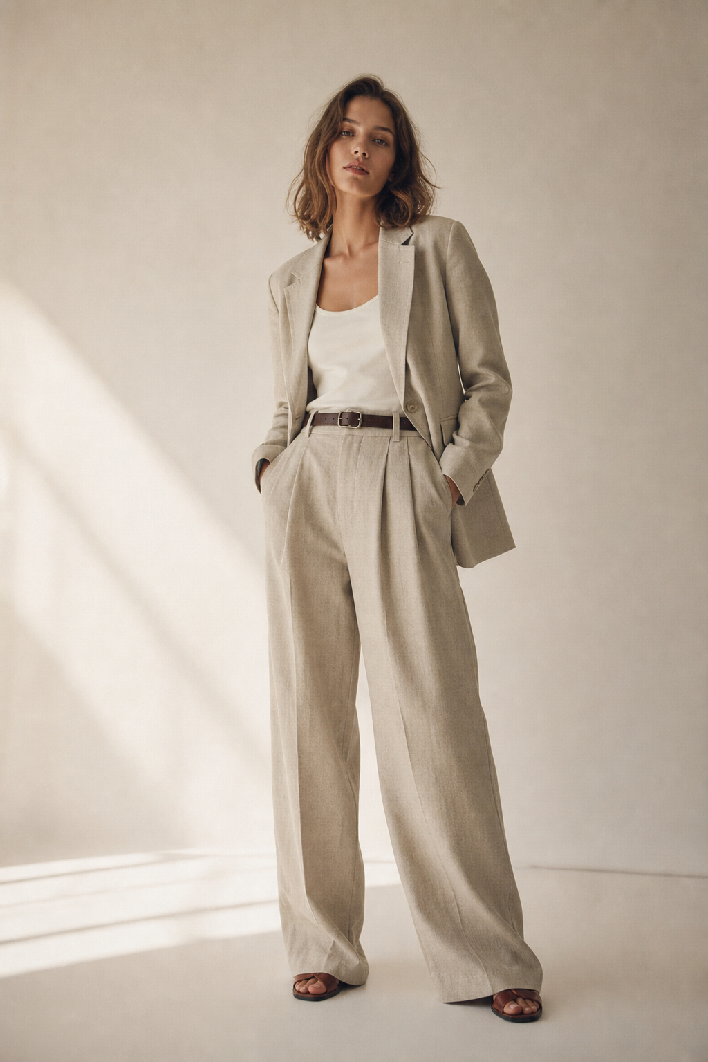 Model in tailored neutral-tone clothing photographed against a soft off-white studio backdrop