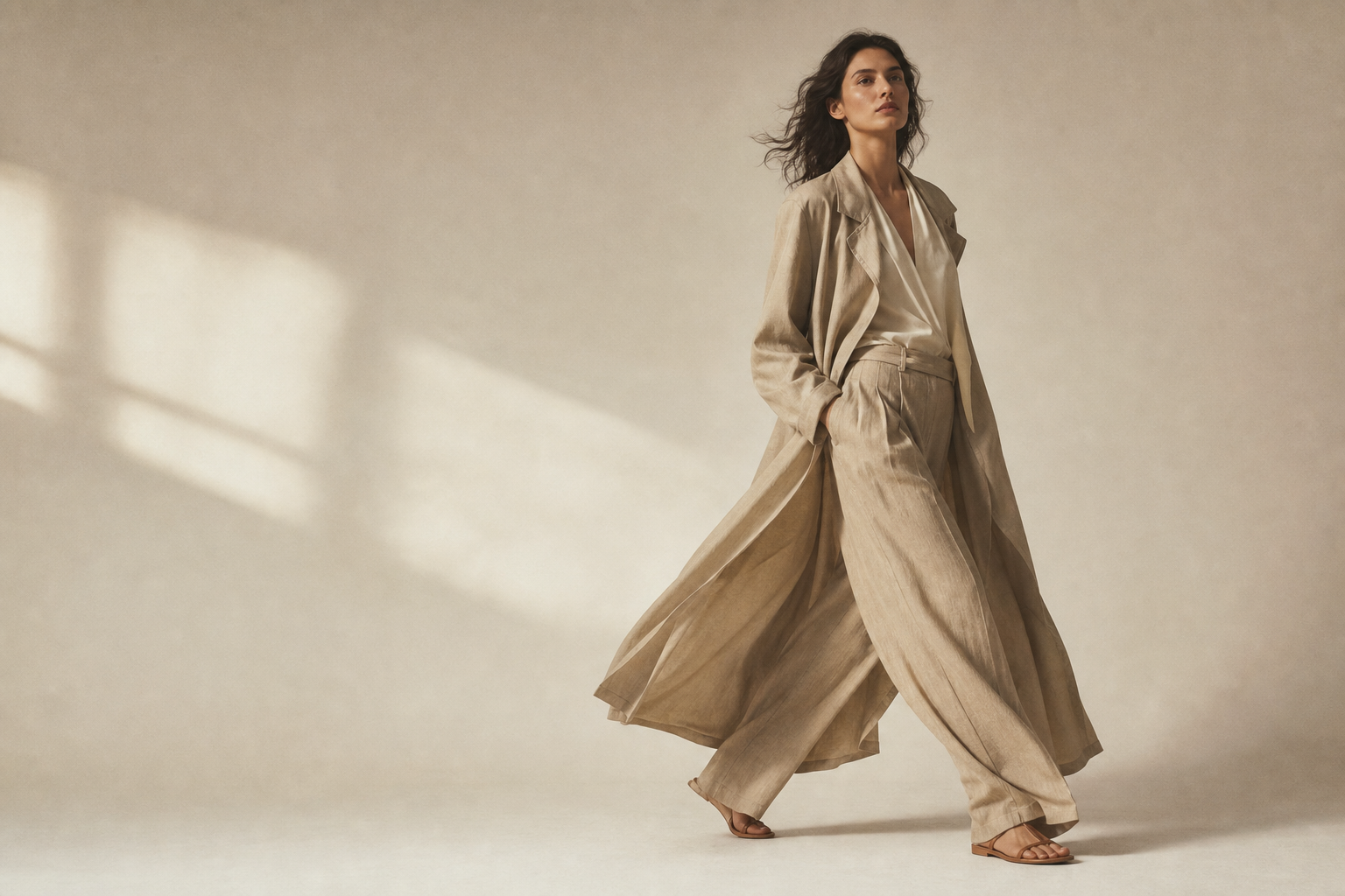 Editorial campaign of a model in flowing neutral tailoring against a warm off-white backdrop