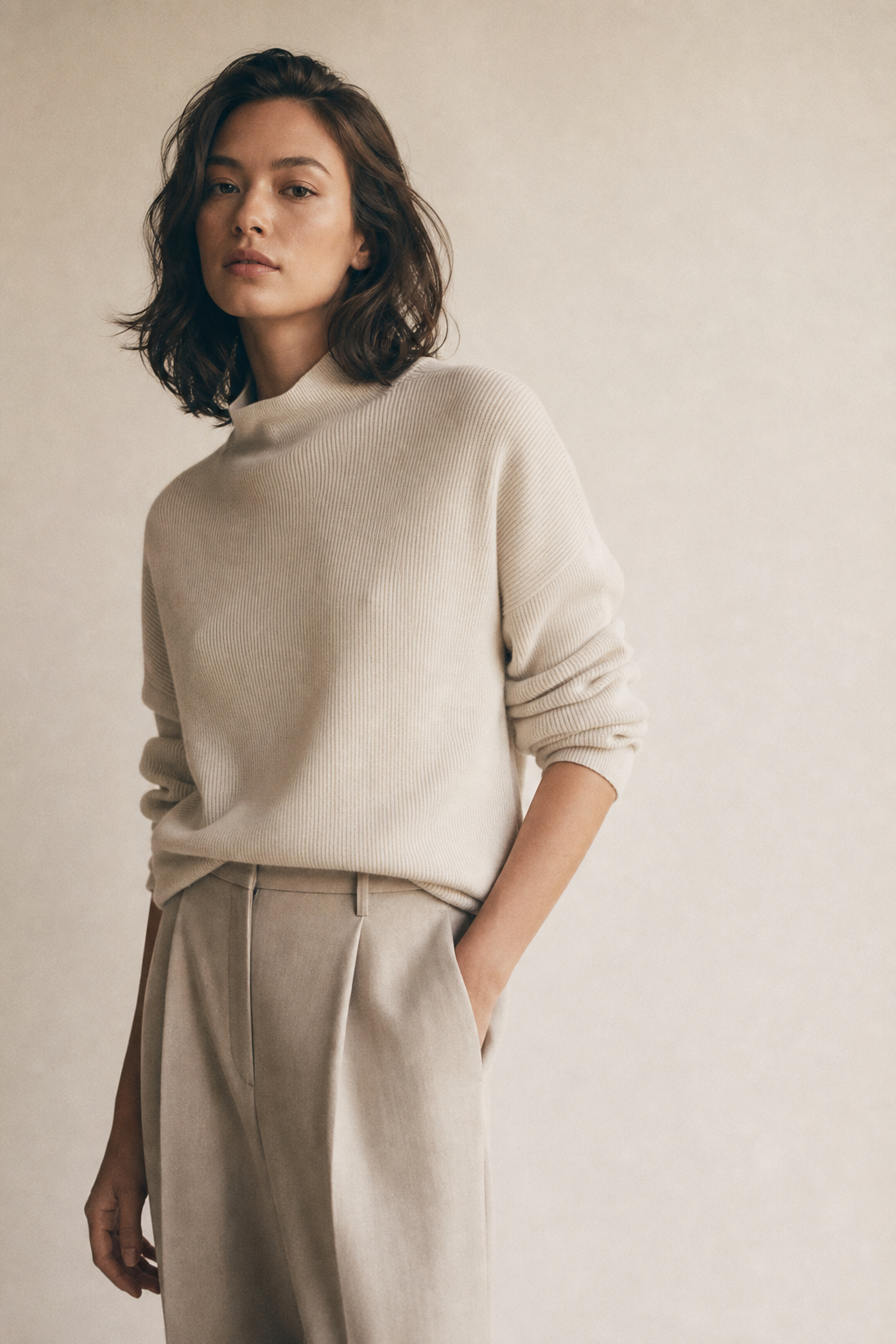 Model in a minimalist neutral knit and tailored trousers against a warm off-white backdrop