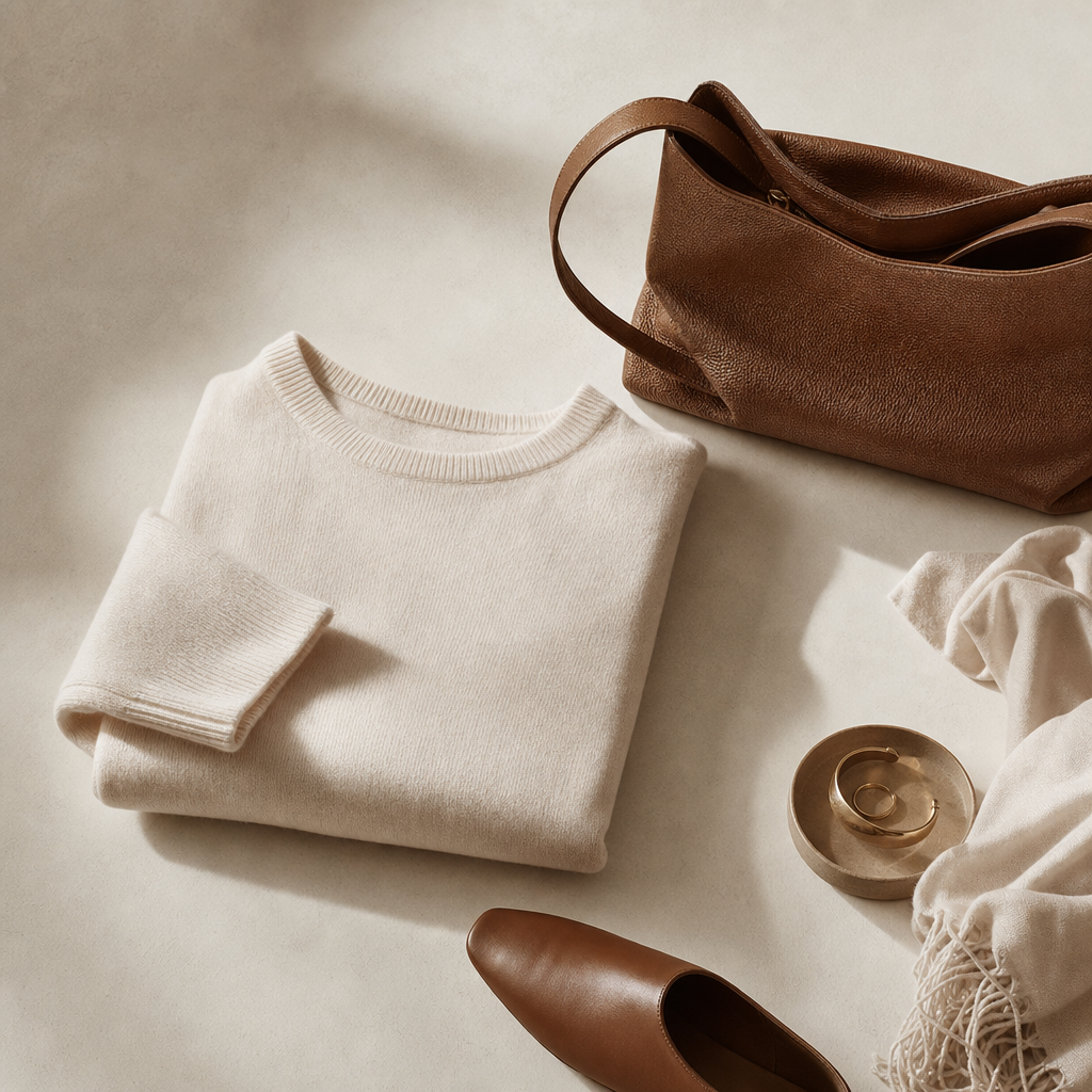 Folded cashmere knit with leather accessories arranged on a warm off-white surface